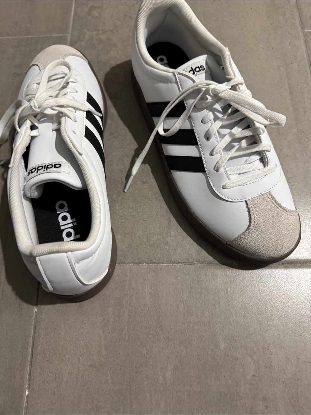 adidas White Sneakers with Black Three-Stripes and Gum Sole